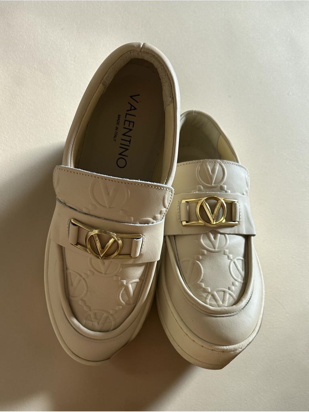 Valentino Cream Embossed Leather Loafers with Gold V-Logo size 7